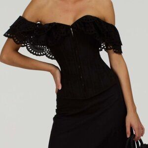 Corset Story Black Cotton Corset Top with Double Frill Sleeves